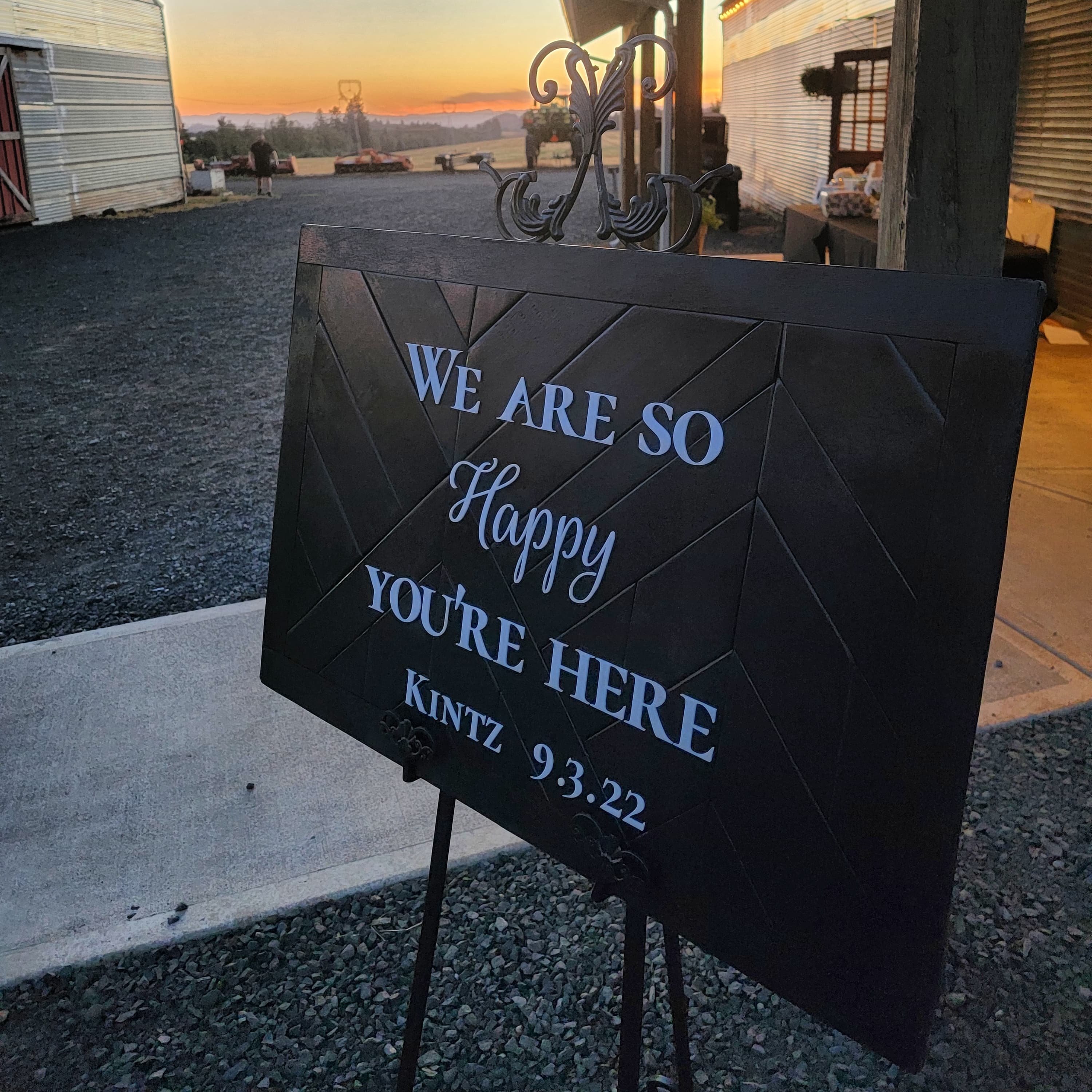 Custom wedding welcome sign at sunset
